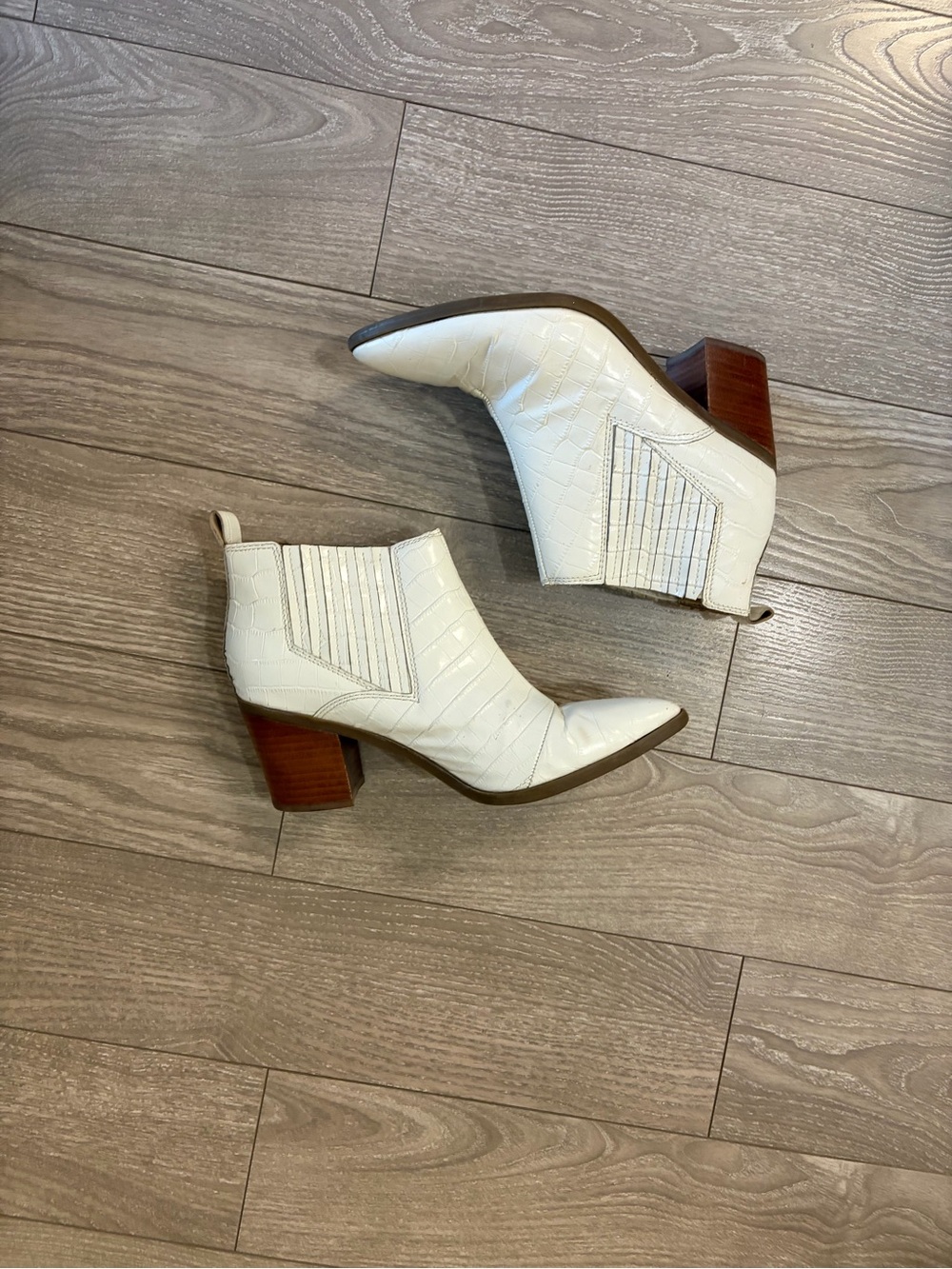 Women's White Croc-Embossed Ankle Booties with Wood Block Heel